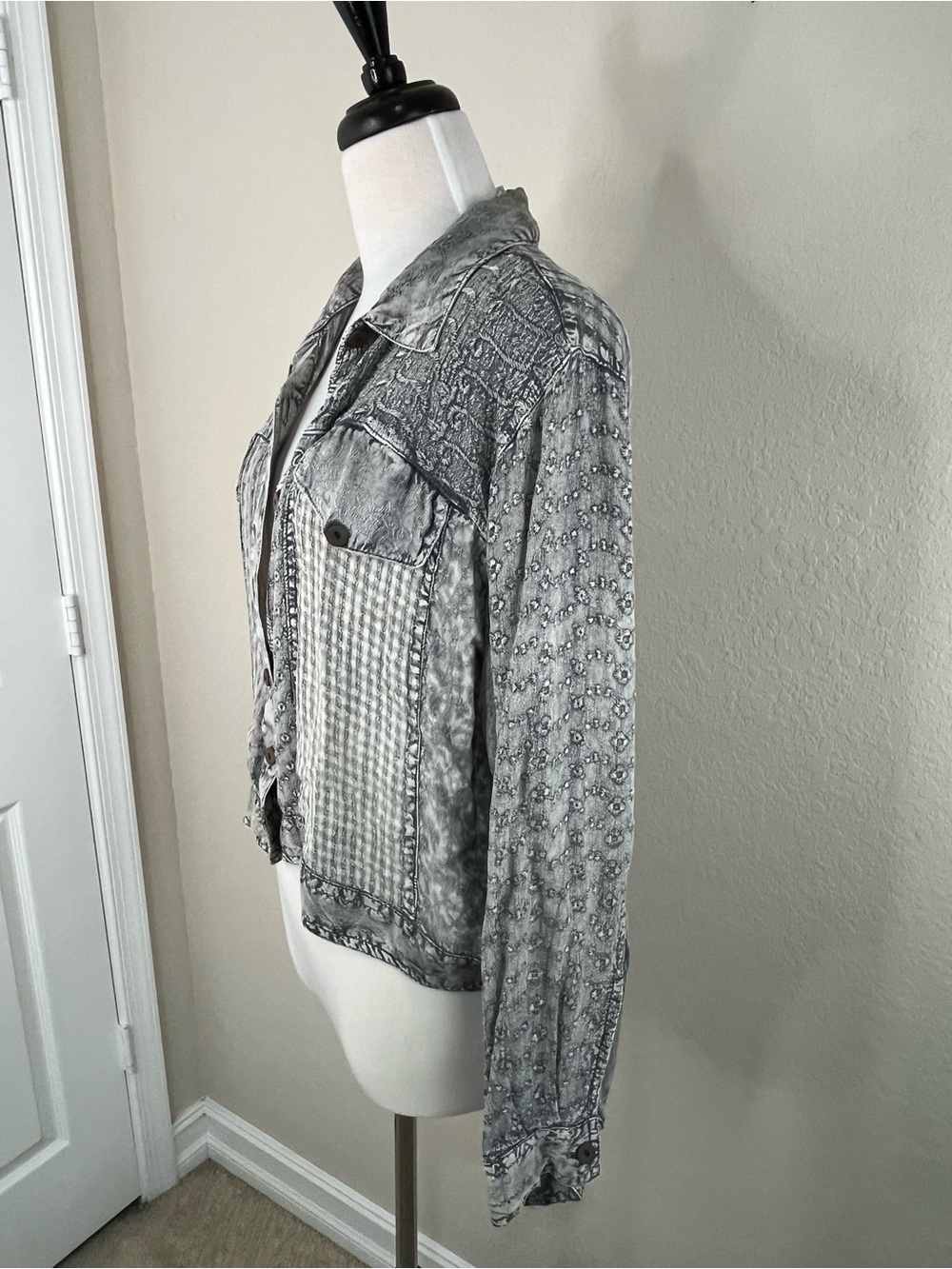 Sacred Threads Patchwork Gray Button-Front Jean Jacket - Picture 3 of 7